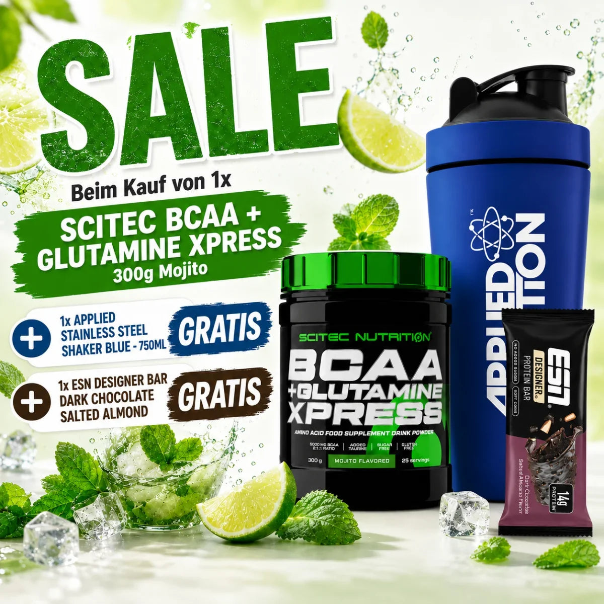 Scitec BCAA  Glutamine Xpress 300g Mojito SALE  1x Applied Stainless Steel Shaker blue - 750ml  1x ESN Designer Bar Dark Chocolate Salted GRATIS